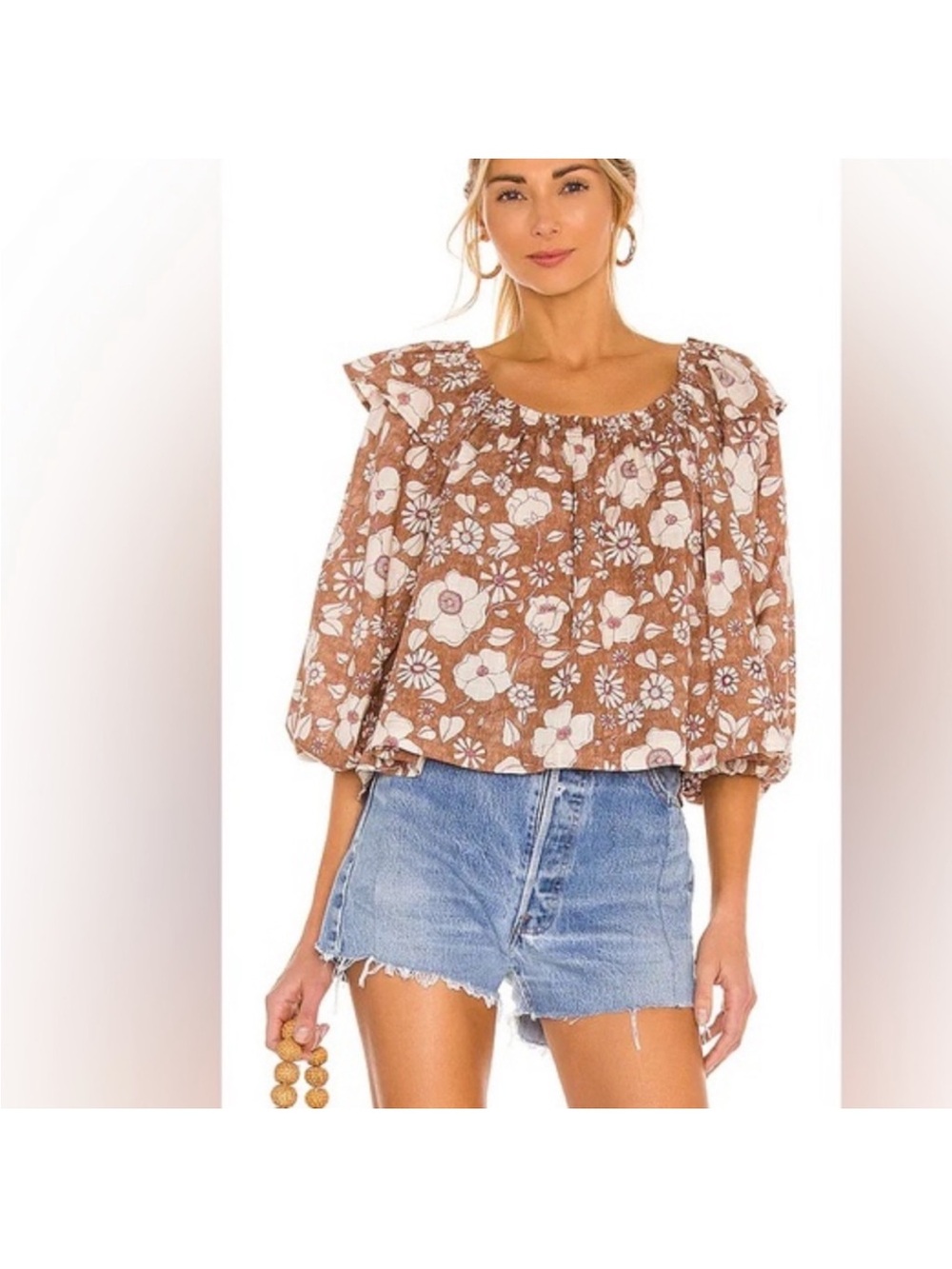 Free People Brown Floral Puff-Sleeve Peasant Top